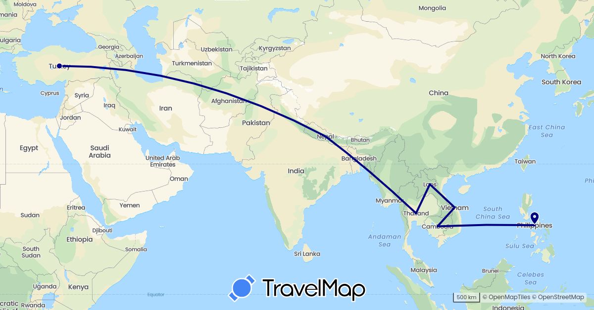 TravelMap itinerary: driving in Laos, Nepal, Philippines, Thailand, Turkey (Asia)